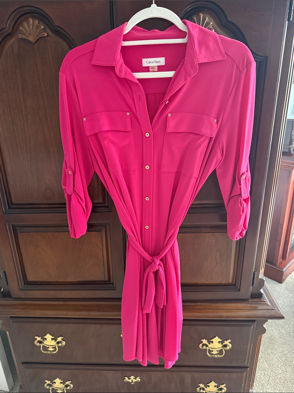Calvin Klein Fuchsia Button-Front Midi Shirt Dress with Tie Waist